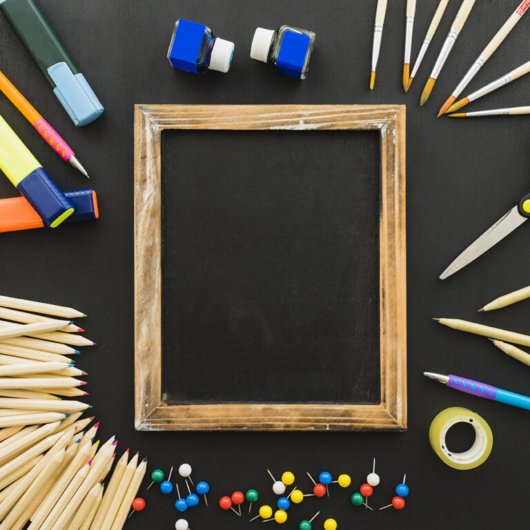 fun-composition-with-school-materials-wooden-frame